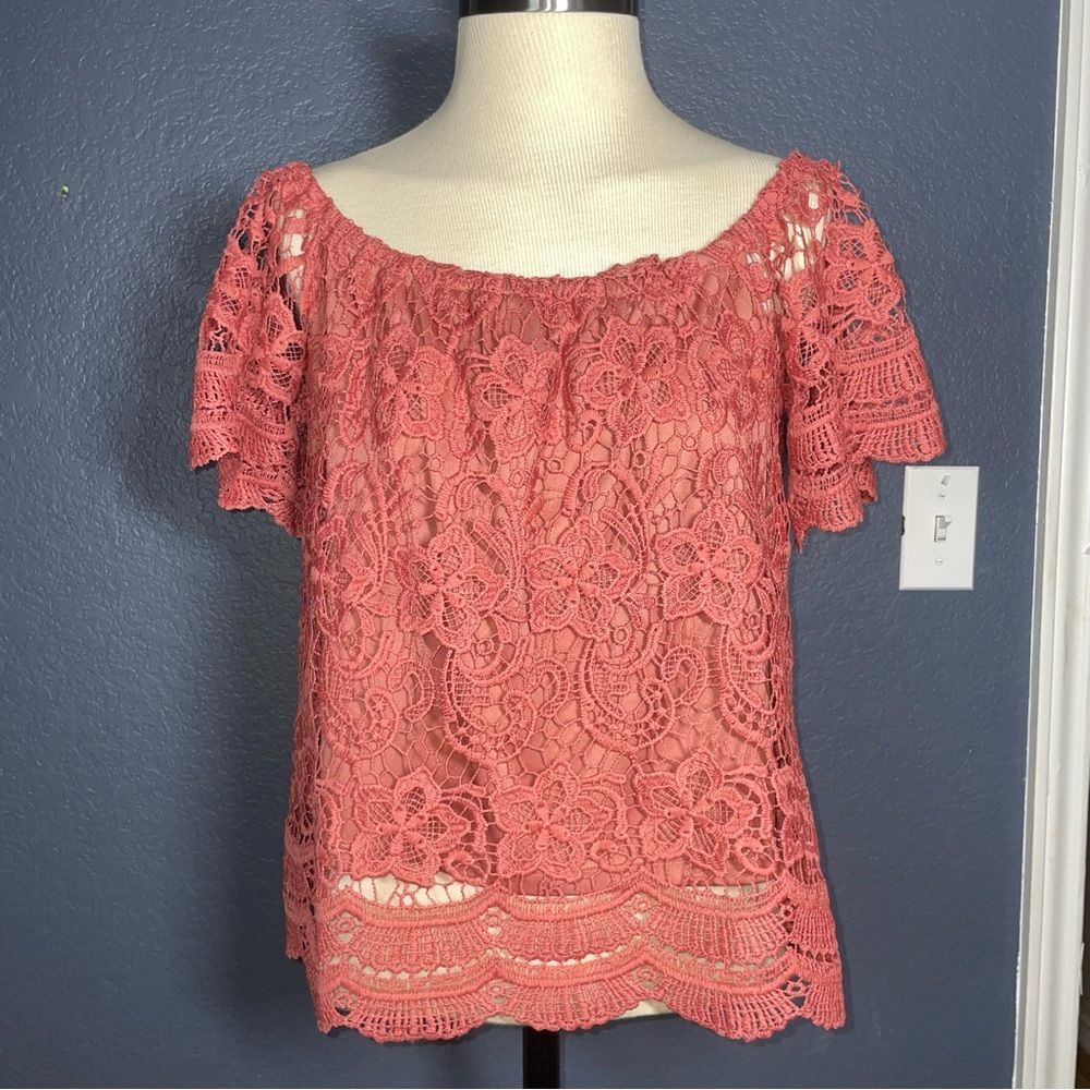 Haute Monde Chantilly Lace Off The Shoulder Top size large Blouse blush pink - Picture 3 of 11